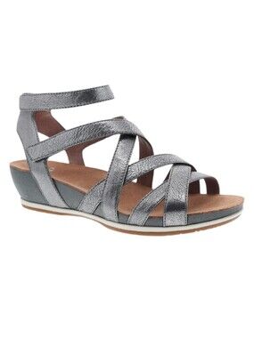Dansko Balanne Metallic Pewter Leather Strappy Wedge Sandals Women's Us Size 7